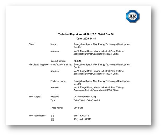 Raport de testare TUV - SPRSUN Pompă de căldură cu invertor DC A+++